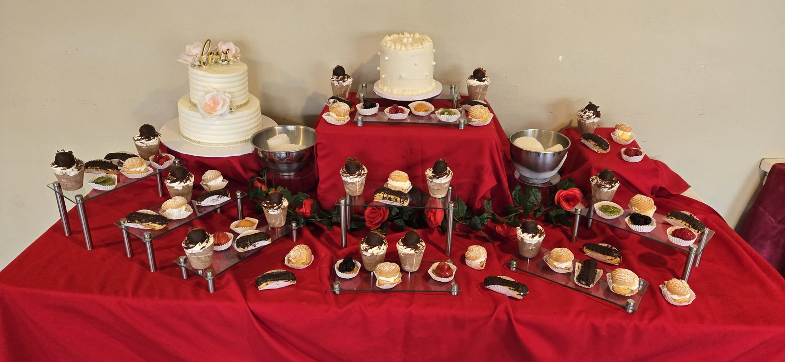 Wedding dessert table — cake, chocolate-dipped strawberries
