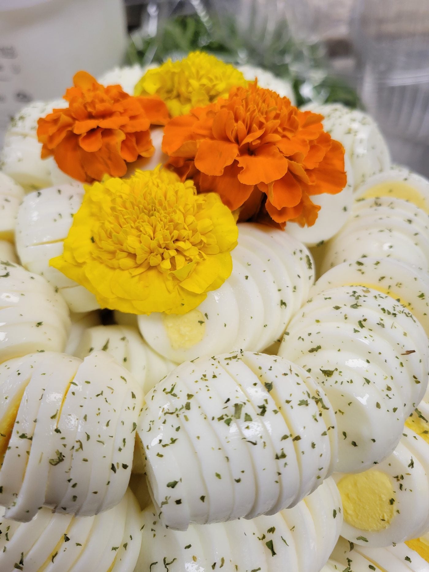 Herbed egg platter with marigolds